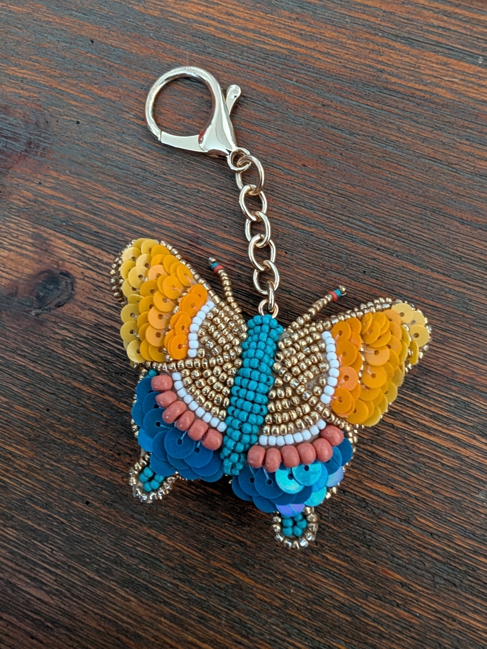 Handcrafted Beaded Butterfly Key & Card Holder - Yellow, Blue, Teal Accents